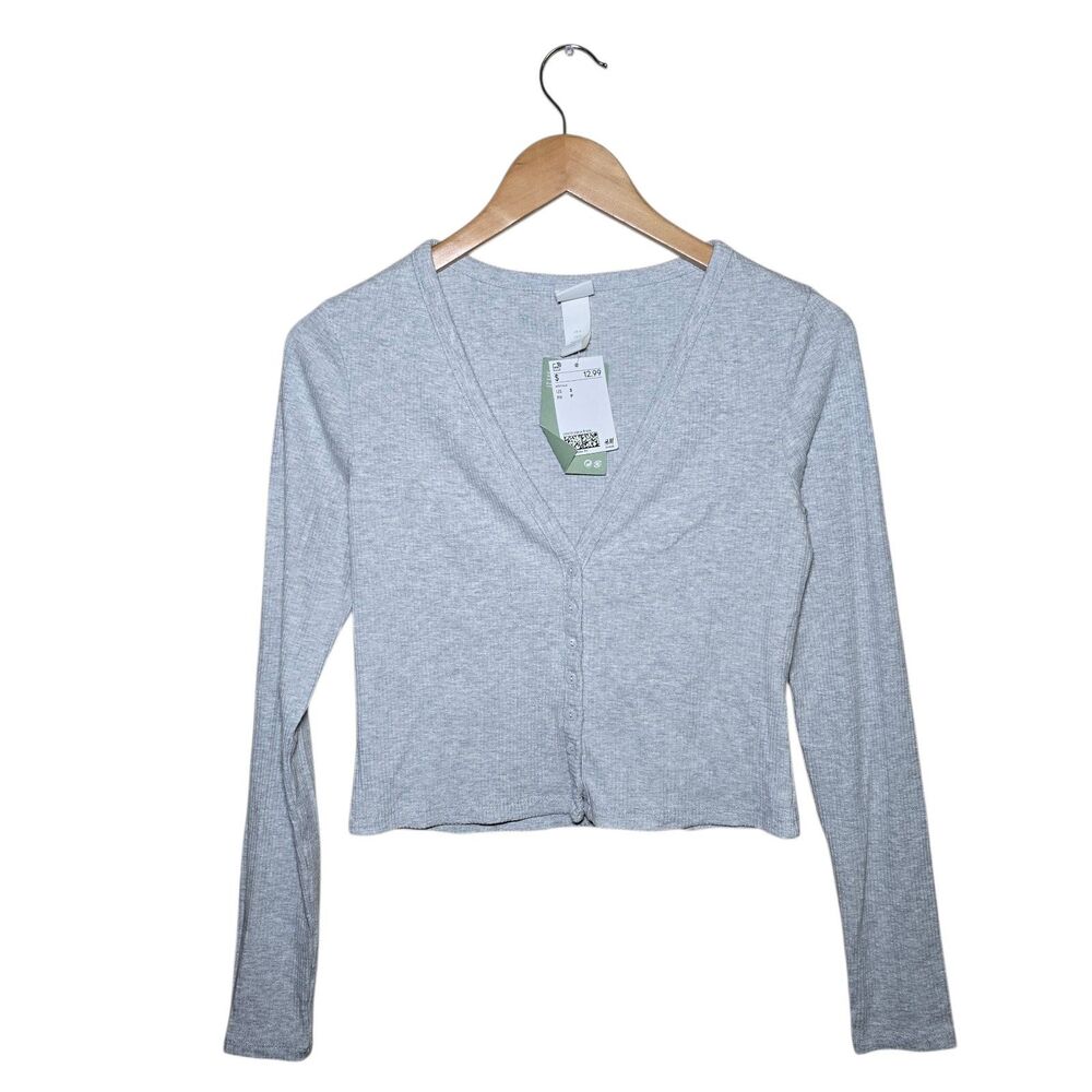 H&M Women's Small Gray Ribbed Button Up Crop Cardigan Top NWT
